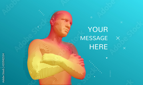 Man crossing his arms over his chest. 3D human body model. Artificial intelligence concept. Vector illustration.