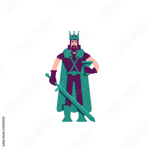 Ruler flat color vector character. Medieval king. Monarch in crown and royal mantle. Middle ages lord holding sword isolated cartoon illustration for web graphic design and animation
