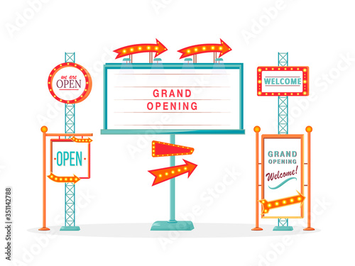 Grand opening vintage vector ads board sign illustrations set. Commercial billboard mockup designs pack with copyspace. Stands with marquee lights isolated objects collection. Announcement banners