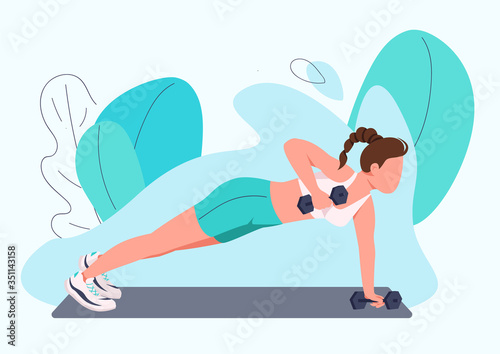 Sportswoman working out with dumbbells flat color vector faceless character. Woman in sportswear, fitness instructor training isolated cartoon illustration for web graphic design and animation