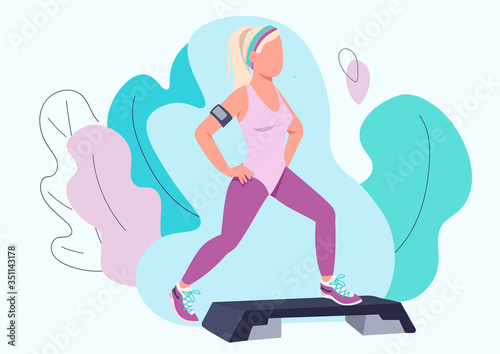 Woman doing aerobic exercise flat color vector faceless character. Step up class trainer. Sportswoman working out isolated cartoon illustration for web graphic design and animation. Fitness exercise