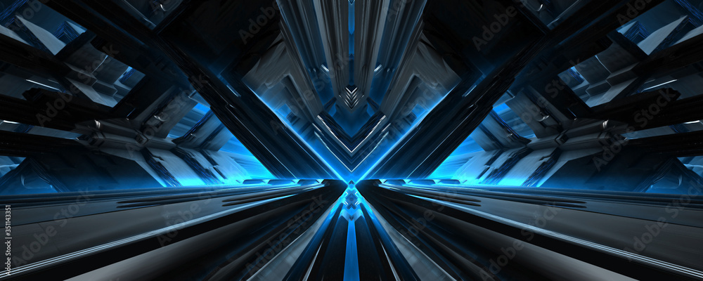 3d futuristic spaceship building with shinning blue light
