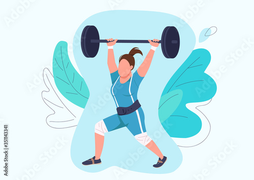 Strong woman lifting barbell flat color vector faceless character. Female athlete, weightlifter training isolated cartoon illustration for web graphic design and animation. Bodybuilding exercise