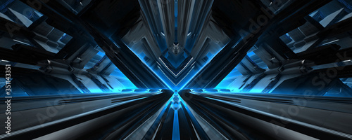 3d futuristic spaceship building with shinning blue light