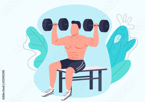 Man working out with dumbbells flat color vector faceless character. Weightlifter, bodybuilder training isolated cartoon illustration for web graphic design and animation. Weight lifting exercise