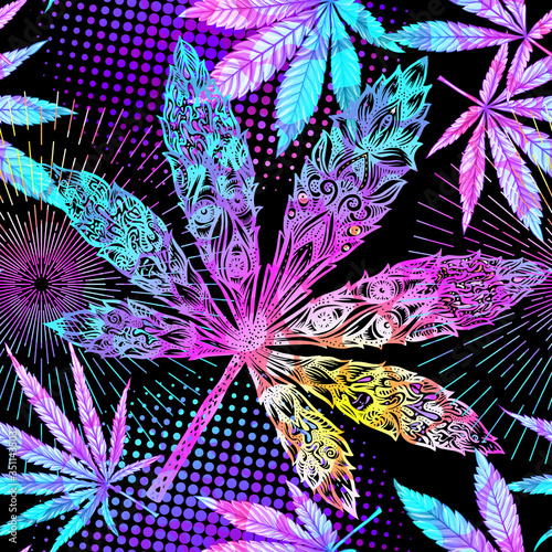 Cannabis leaves seamless pattern, background. Vector illustration in neon, fluorescent colors