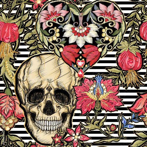 Seamless pattern, background with patch, embroidery imitation. Decorative floral motif with human skull in vintage, jacobean embroidery style. Vector illustration on black and white stripes background