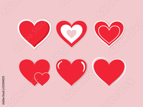 Collection of hand drawn red hearts on a pink background. Symbol of love and care. Six beautiful different styles. Suitable for any style. Isolated easy to edit Flat Vector Illustration EPS 10