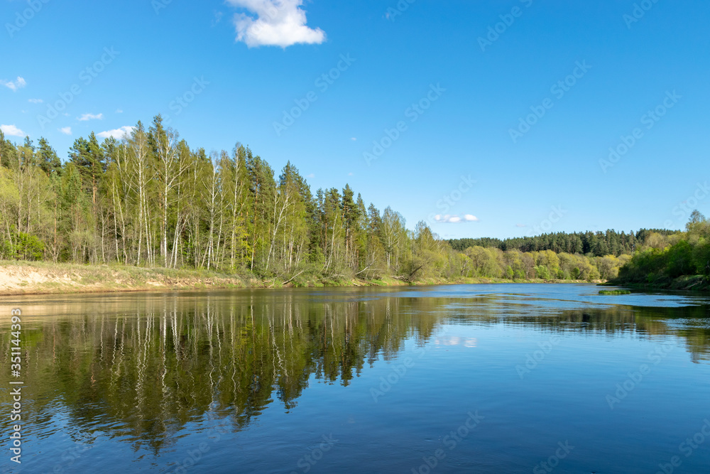 spring landscape with a river, in the waters of which clouds are reflected, the river banks are covered with trees, the first spring greenery in nature