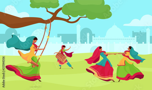 Teej festival flat color vector illustration. Woman dance and sing. Traditional religious ceremony. Female in sari on swing on field. Indian woman 2D cartoon characters with cityscape on background photo