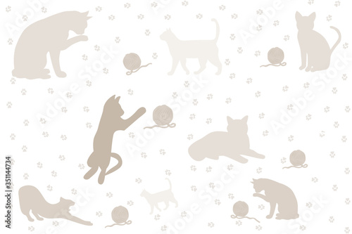 Seamless continuous pattern with cats. Cats in different poses  pampering. Pets pattern. The cat plays with threads.