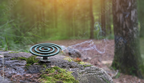 protective burning mosquito repellent on metal base, nature forest background. smoking spiral mosquito repellent. copy space photo