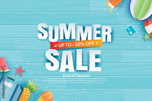 Summer sale with decoration origami on blue wooden background. Paper art and craft style. Vector illustration of ice cream, watermelon, sunglasses.