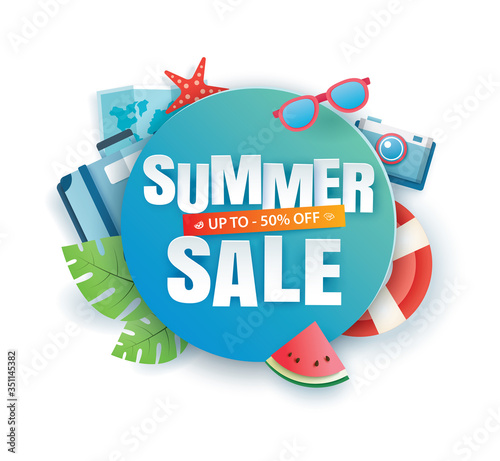 Summer sale banner paper cut template. Blue abstract geometric. Use for poster, sticker, badge, ads, tag.