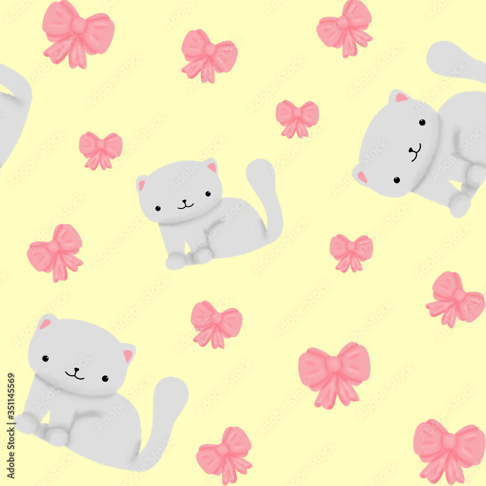cute sweet yellow pastel pattern with white cat and pink bow