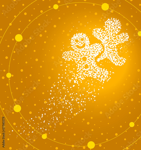 Ginger man formed by a magical trail of flying points on golden background
