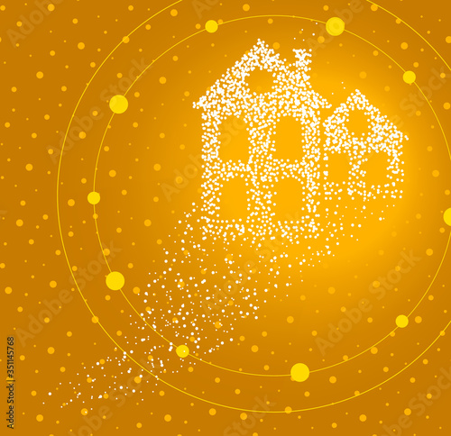 Group of houses formed by a magical trail of flying points on golden backgroun