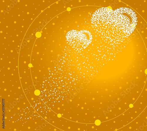 Two hearts formed by a magical trail of flying points on golden background