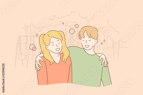 Hugging, happiness concept. Cartoon characters young happy smiling boy and girl brother sister teenagers siblings standing in park and embracing together. True friendship and family care illustration.