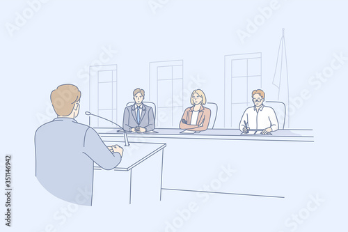 Law adjustment, court concept. Young man criminal attorney cartoon character takes floor speaking in front of judges at hearing meeting in courtroom. Prosecution and defence speech, system of justice.