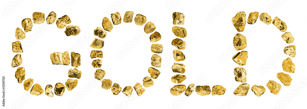 Word GOLD made of golden stones on white background isolated close up, letters made of shiny gold nuggets, yellow metal rocks inscription, luxury concept, jewelry production design, gold industry logo Word GOLD made of golden stones on white background isolated close up, letters made of shiny gold nuggets, yellow metal rocks inscription, luxury concept, jewelry production design, gold industry logo