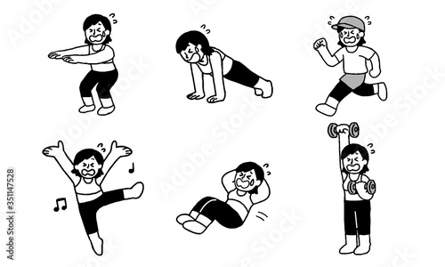 	辛そうに運動、体を鍛えるトレーニングウェア着用女性セット（シンプル）