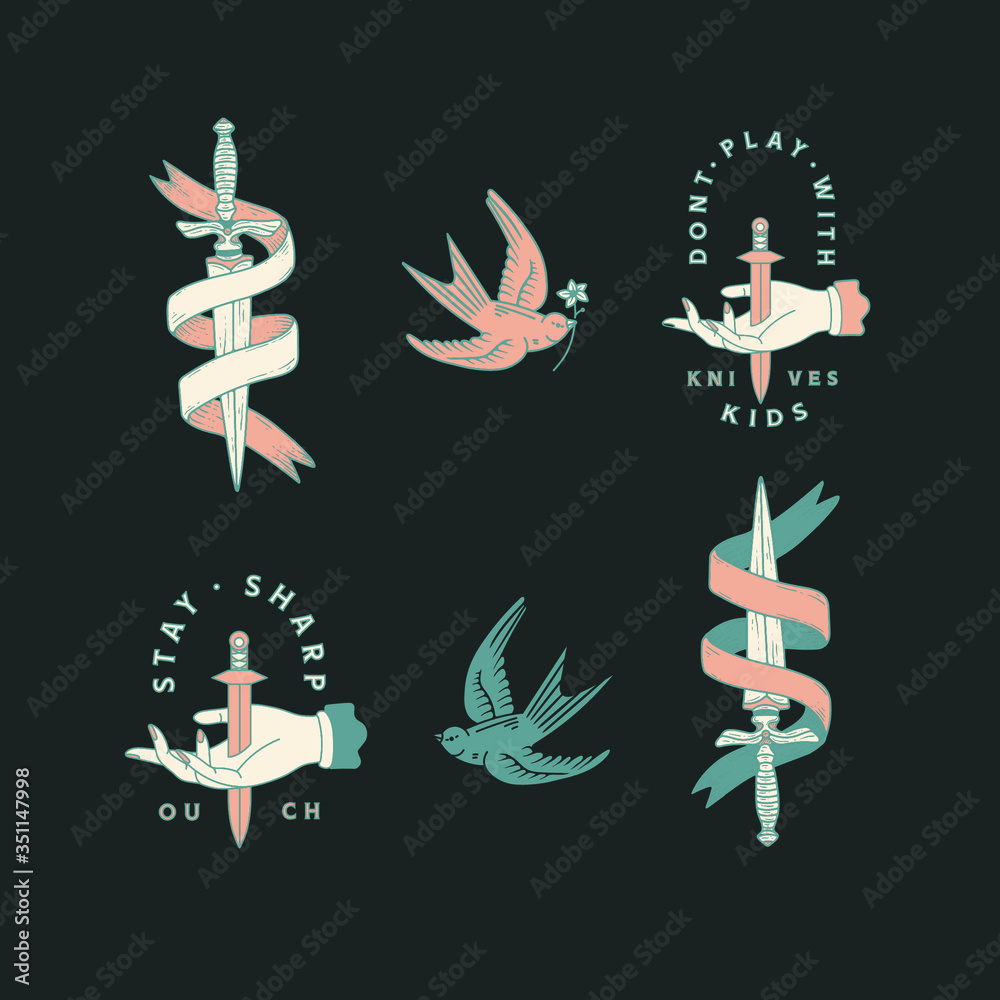 premade logo with dagger. customizeable logo vector graphic, hand drawn design with typography. sword , weapon. personal branding assets and elements