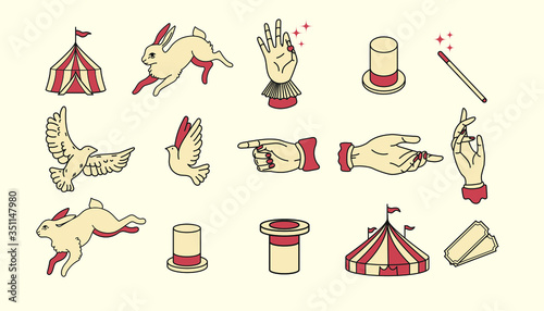 circus icons vintage flat design illustration elements for graphic design. logo assets. magic performer, illusionist, magician, artist, showman branding. pulling a hare out of a magic hat, doves, bird