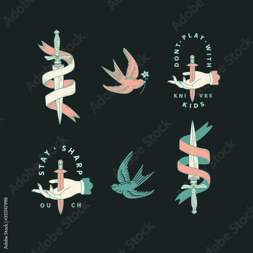 premade logo with dagger. customizeable logo vector graphic, hand drawn design with typography. sword , weapon. personal branding assets and elements