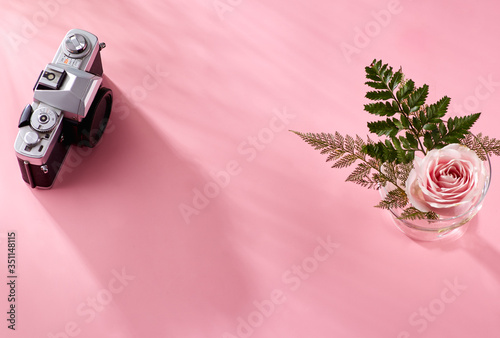 Product promotion showcase with pastel concept. Blank objects for placing your design on light pink background, with camera, leaves elements. nobody. Top view, flatlay (ID: 351148115)