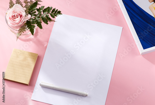 Stationery branding, card, letterhead mock-up on  light pink background, with take note, leaves and pen. Blank objects for placing your design. nobody.  with pastel concept. (ID: 351148119)