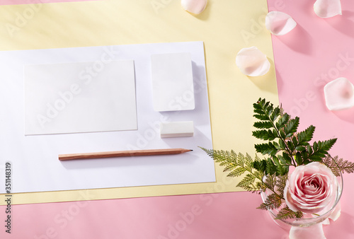 Corporate identity with pastel concept. Stationery branding, card, letterhead mock-up on light pink background, with rose leaf, leaves, yellow paper elements. nobody. Top view, flatlay (ID: 351148319)