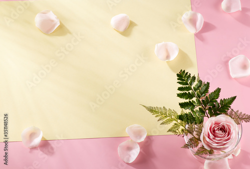 Product promotion showcase with pastel concept. Blank objects for placing your design on light pink background, with rose leaf, leaves, yellow paper elements. nobody. Top view, flatlay (ID: 351148526)
