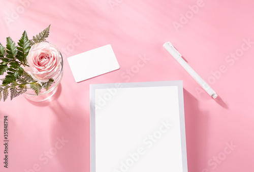 Corporate identity with pastel concept. Stationery branding, card, letterhead, book mock-up on light pink background, with paper camera elements. Blank objects for placing your design. nobody (ID: 351148794)