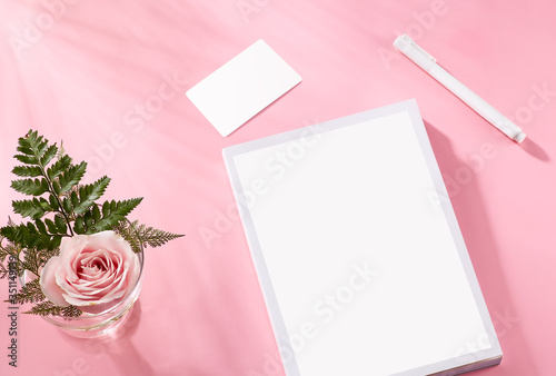 Stationery branding, card, letterhead mock-up on light pink background, with paper, leaves and pen, pencil. Blank objects for placing your design. nobody. Harsh light. with pastel concept. (ID: 351149139)