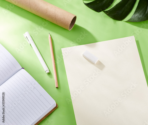 Corporate identity with pastel concept. Stationery branding, card, letterhead mock-up on light green background, with paper, leaves and pen, pencil. Blank objects for placing your design. nobody (ID: 351149528)