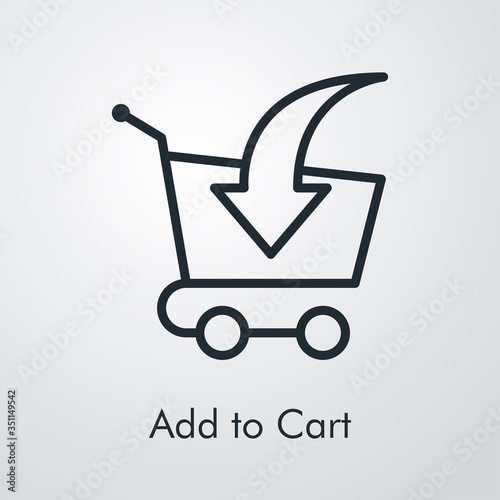 Símbolo comercio electrónico. Icono plano lineal texto Add to Cart con carrito de la compra con flecha en fondo gris