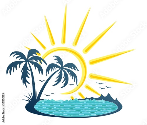 Tropical island symbol with sea, sun and palm trees.
