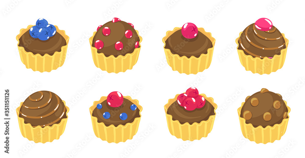 Fancy cupcake chocolate set. Different types cakes. Dessert muffin cake. Vector illustration. Isometric view.