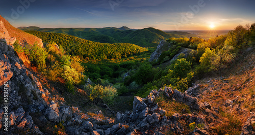 Panoramic view from Vapenna in Little Carpathians. Sunrise, dusk, Slovakia. Mountain, hill, forest. photo