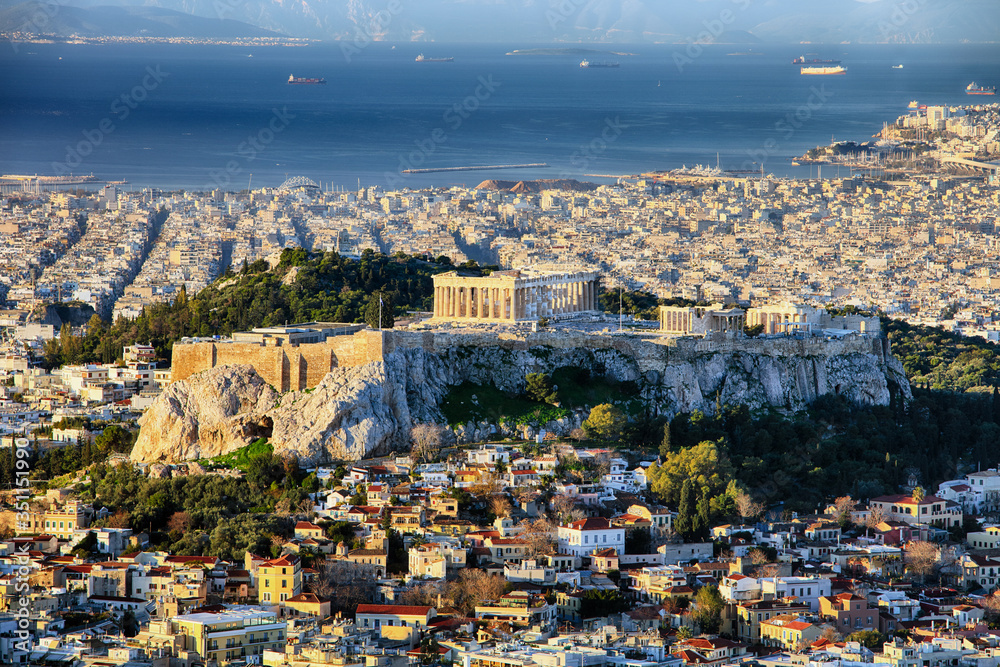 City and acropolis from Lycabettus hill in Athens at sunrise, Greece - obrazy, fototapety, plakaty 