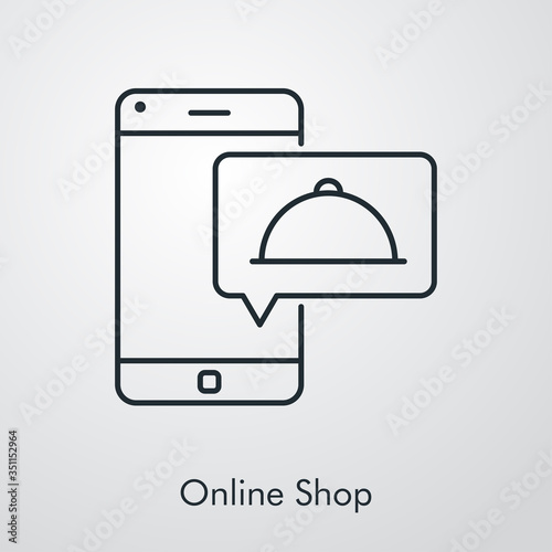 Símbolo de aplicación de comida a domicilio. Icono plano lineal con texto Online Shop con bandeja de comida en teléfono inteligente en fondo gris