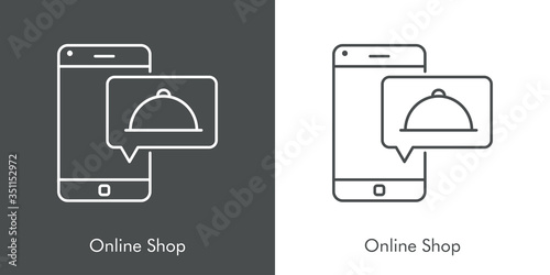 Símbolo de aplicación de comida a domicilio. Icono plano lineal con texto Online Shop con bandeja de comida en teléfono inteligente en fondo gris y fondo blanco