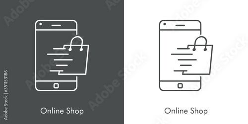 Símbolo de aplicación de tienda en línea. Icono plano lineal con texto Online Shop con bolsa de la compra en teléfono inteligente en fondo gris y fondo blanco