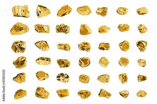 Golden stones set on white background isolated close up, gold nuggets collection, yellow metal rocks samples texture, gold mine, gold ore, group of shiny golden lumps, rough natural mineral gold chunk