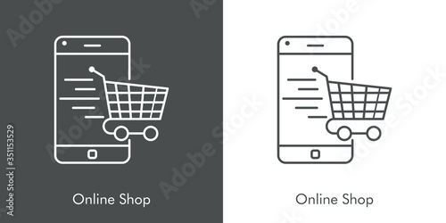 Símbolo de aplicación de tienda en línea. Icono plano lineal con texto Online Shop con carrito de la compra en teléfono inteligente en fondo gris y fondo blanco