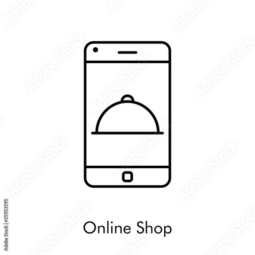 Símbolo de aplicación de comida a domicilio. Icono plano lineal con texto Online Shop con bandeja de comida en teléfono inteligente en color negro