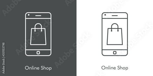 Símbolo de aplicación de tienda en línea. Icono plano lineal con texto Online Shop con bolsa de la compra en teléfono inteligente en fondo gris y fondo blanco