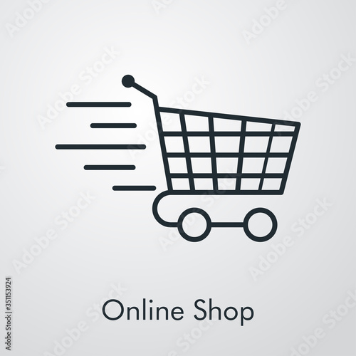 Símbolo de tienda en línea. Icono plano lineal con texto Online Shop con carrito de la compra en fondo gris