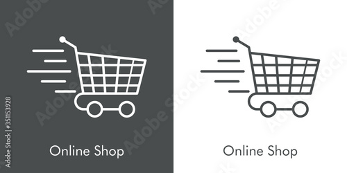 Símbolo de tienda en línea. Icono plano lineal con texto Online Shop con carrito de la compra en fondo gris y fondo blanco